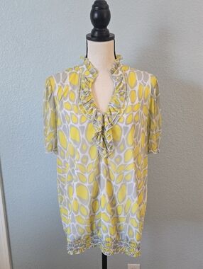 INC International Concepts Yellow & Gray Ruffle V-Neck Short Sleeve Blouse Sz 1x